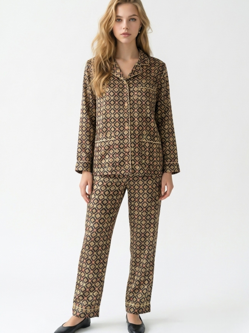 Victoria's Secret Satin Pajama Set Black & Gold Geometric Diamond Print